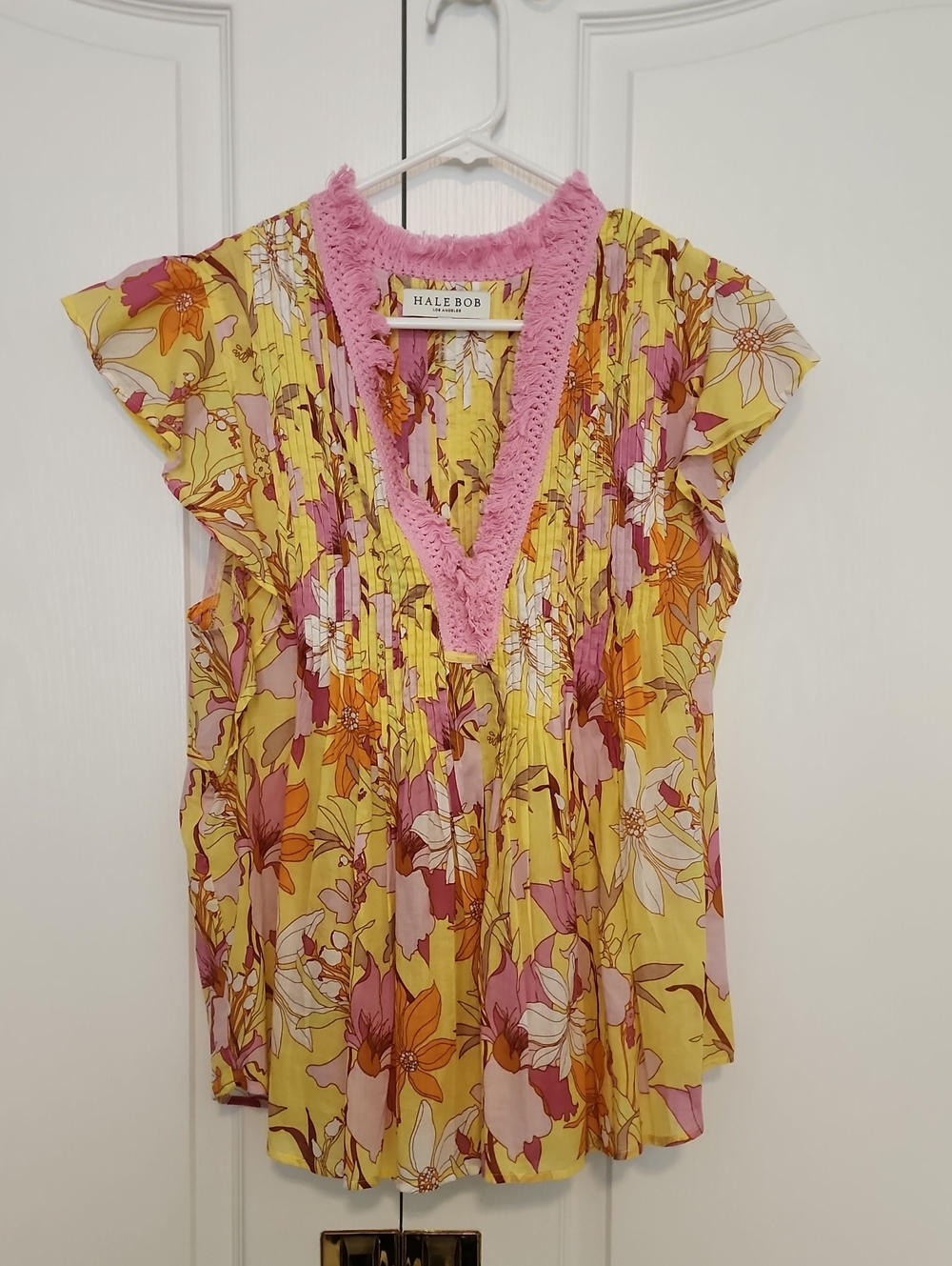 Hale Bob Yellow Floral V-Neck Blouse with Pink Trim
